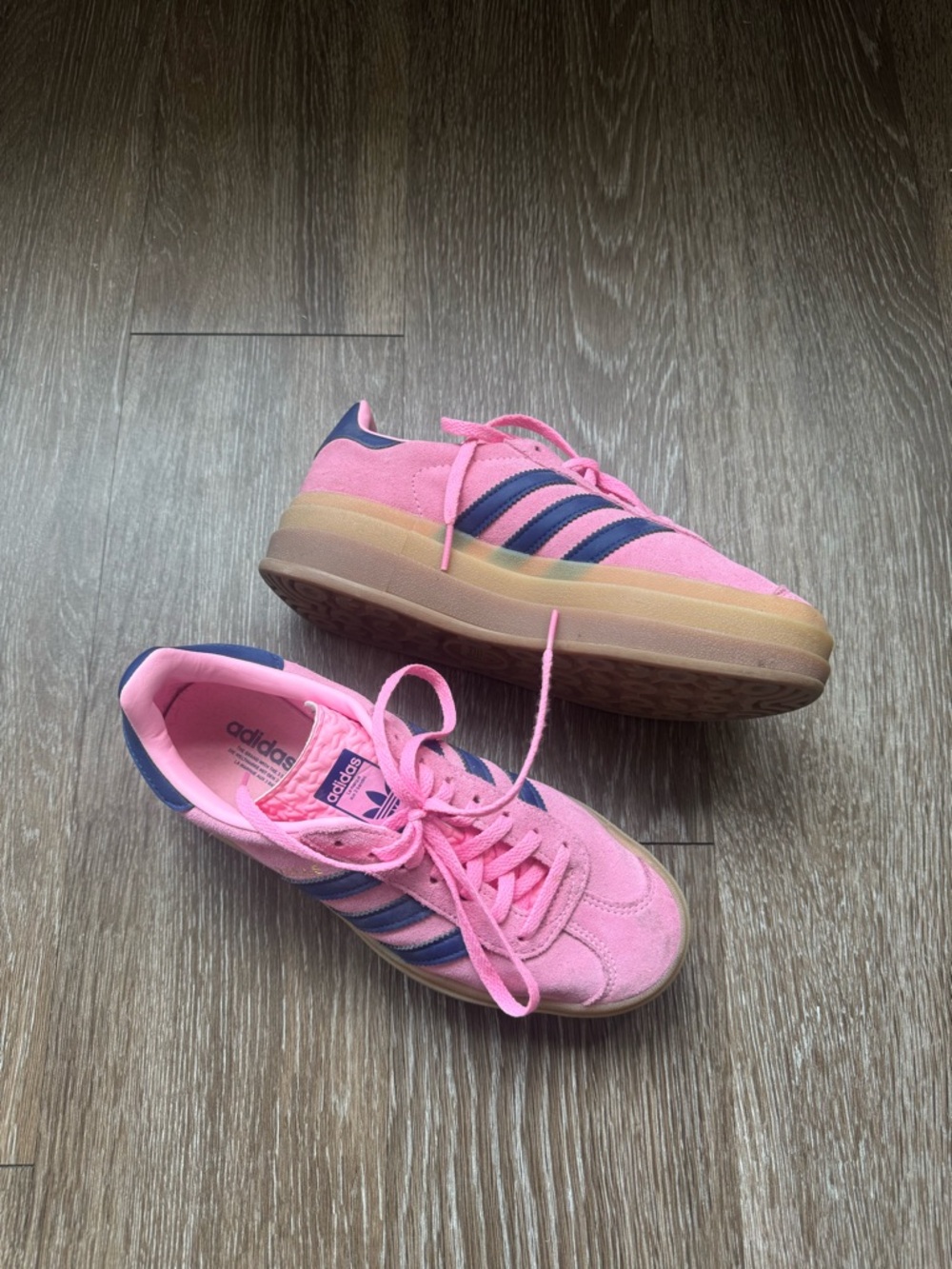adidas Pink Suede Platform Sneakers with Navy Stripes